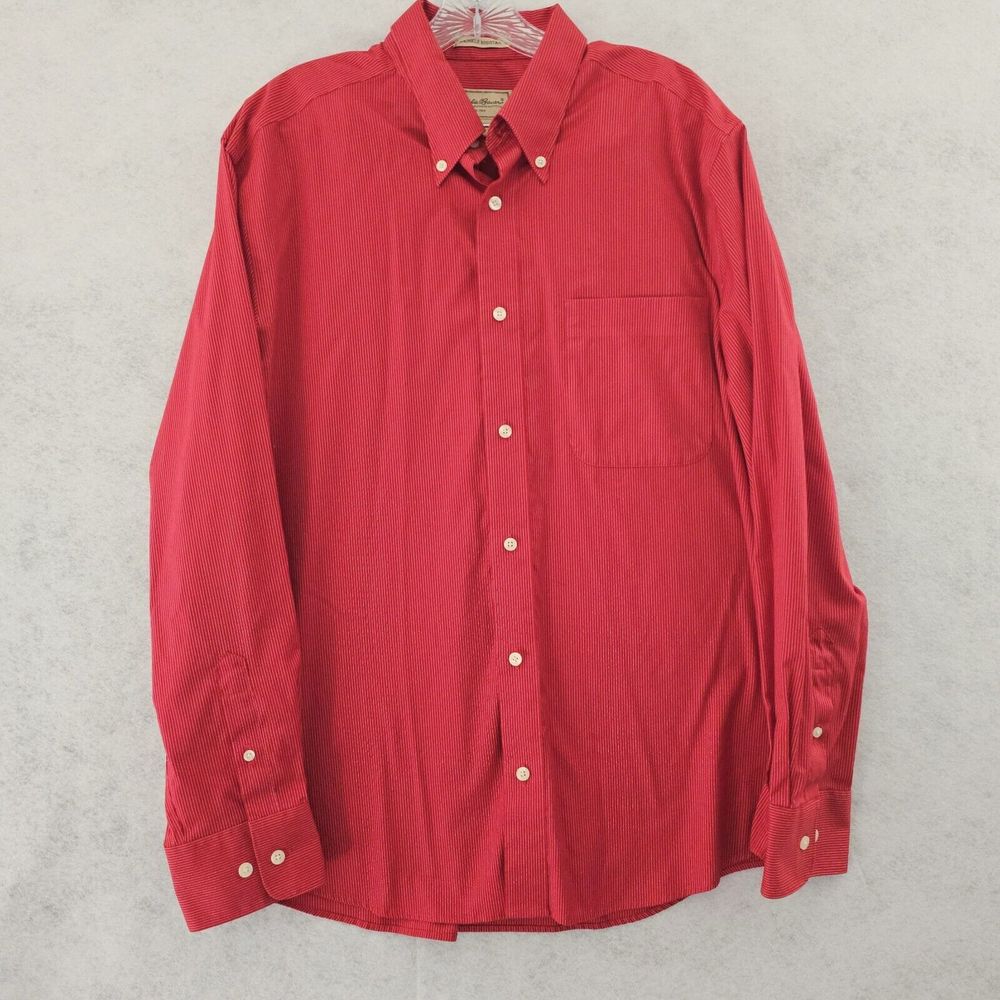 Eddie Bauer Wrinkle-Resistant Men’s L Red White Pin Stripe Button Down Shirt